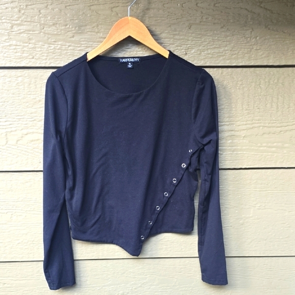 Harper And Ivy Black Long Sleeve Asymmetrical Snap  Crop Top XL NWOT - Picture 2 of 5